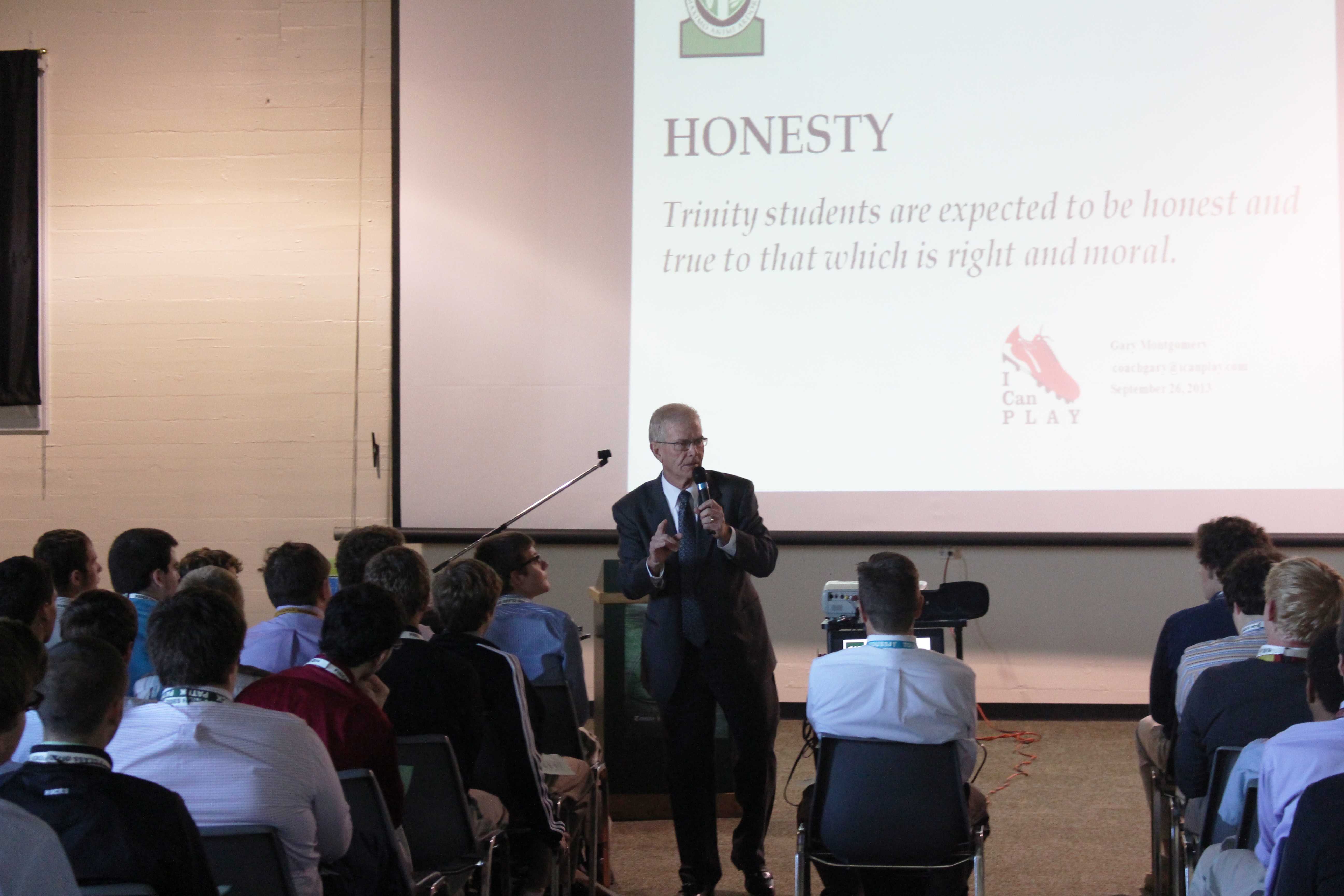 Mr. Gary Montgomery spoke with Trinity seniors Thursday about the importance of honesty in everyday living.