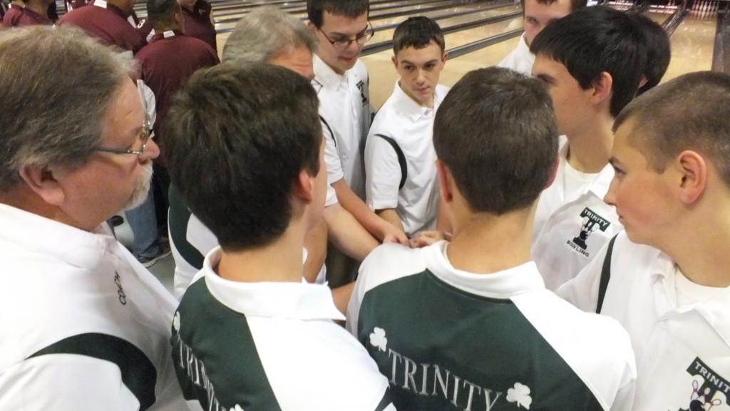 Trinity bowling team head coach Joe Fowler, at left: “Three of our top five are back. We feel good about our chances. Defending regional champ Conor Minogue is back. We have eight strong bowlers on our varsity team. We feel pretty balanced. We have four good seniors and good junior and sophomore classes to balance out the varsity.”        -- photo by John Cerjak ‘13