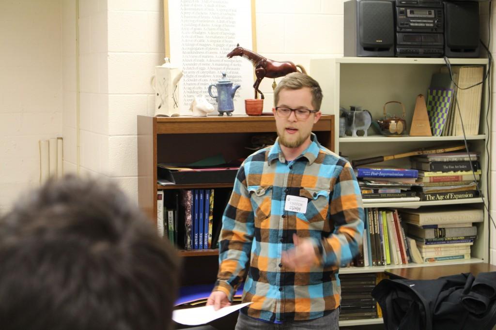 Kendall Herdelin, a Trinity 2009 graduate, spoke to seniors about his art studies at U of L's Hite Institute.